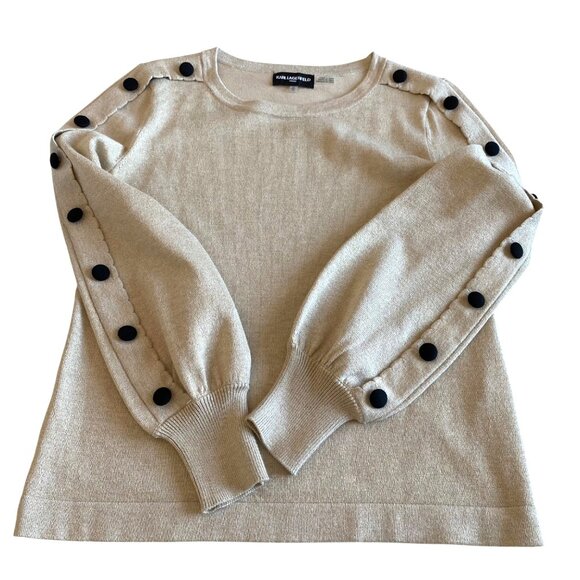 Karl Lagerfeld Gold Metallic Sweater Featuring Scalloped Puff Button Sleeves XS - Picture 4 of 10